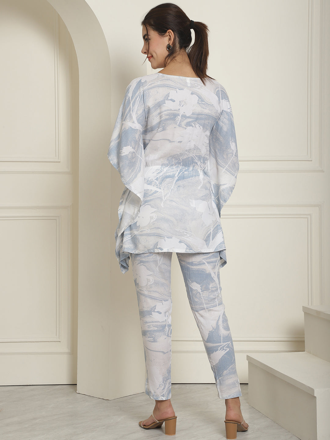Indian Needle Women's Light-Blue Tie Dye Printed Rayon Kaftan Tunic With Trousers - Light-Blue - Swadesiicart