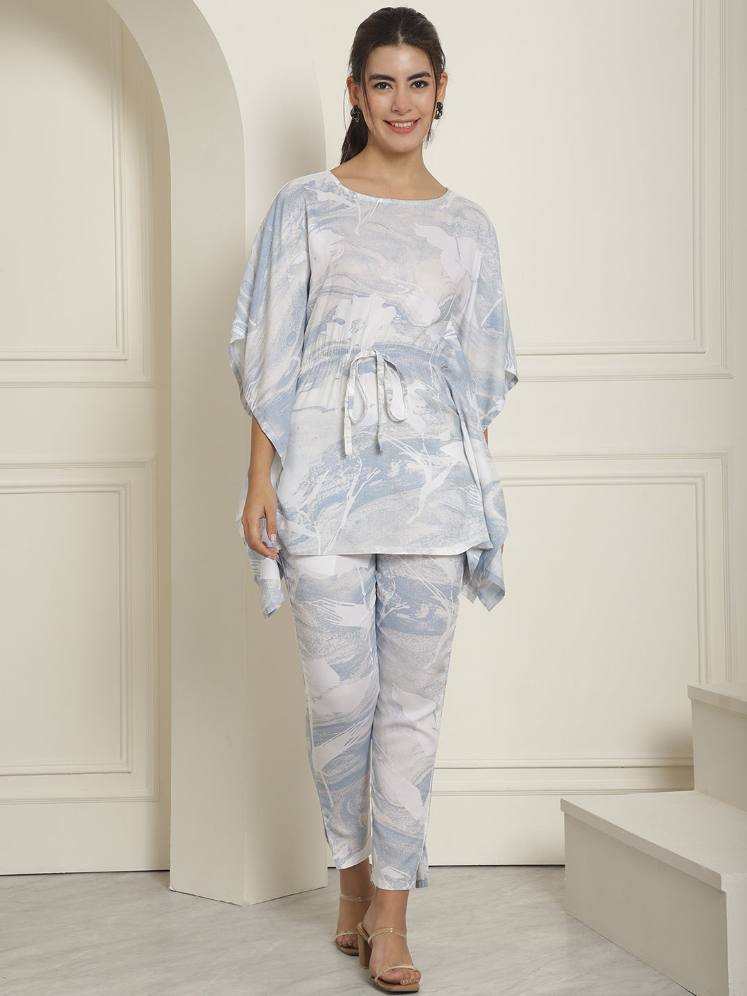 Indian Needle Women's Light-Blue Tie Dye Printed Rayon Kaftan Tunic With Trousers - Light-Blue - Swadesiicart