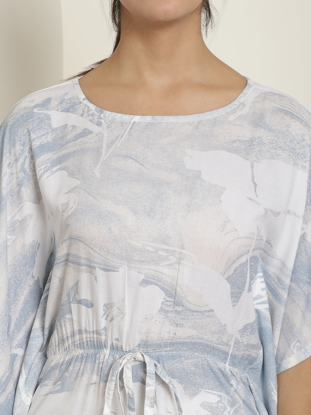Indian Needle Women's Light-Blue Tie Dye Printed Rayon Kaftan Tunic With Trousers - Light-Blue - Swadesiicart