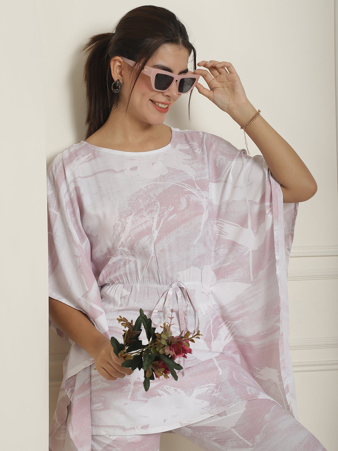 Indian Needle Women's Light-Purple Tie Dye Printed Rayon Kaftan Tunic With Trousers - Light-Purple - Swadesiicart
