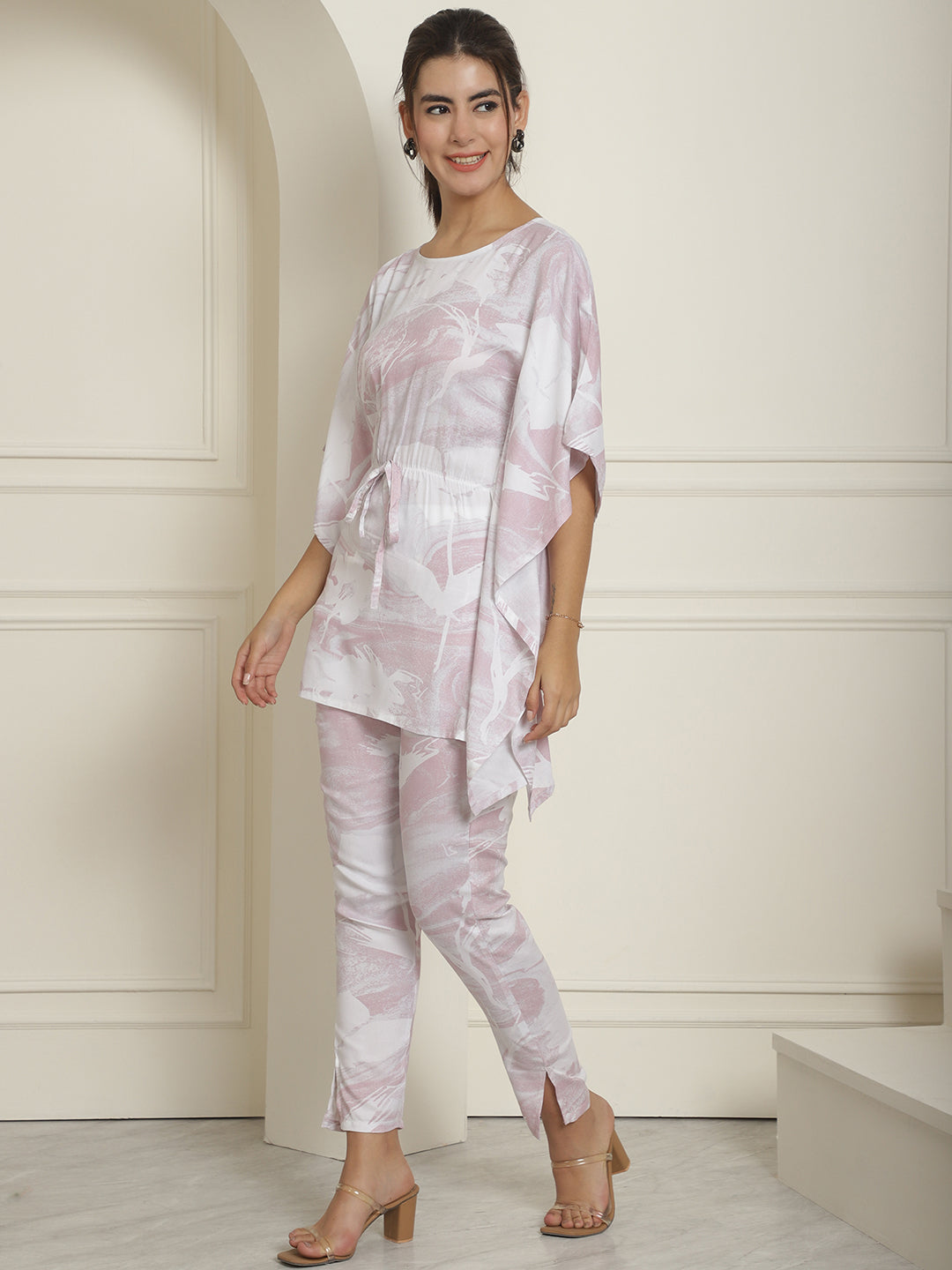 Indian Needle Women's Light-Purple Tie Dye Printed Rayon Kaftan Tunic With Trousers - Light-Purple - Swadesiicart