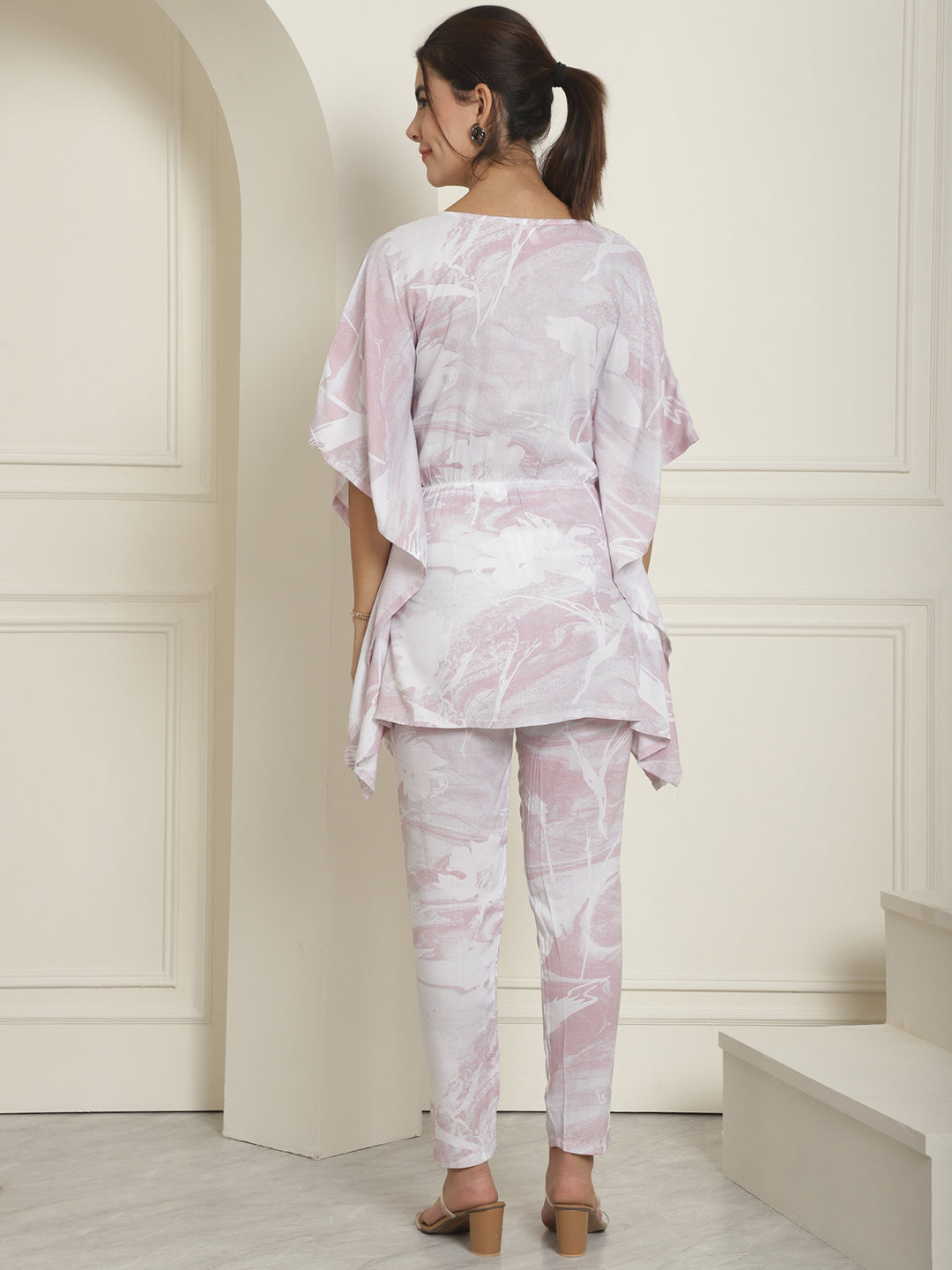 Indian Needle Women's Light-Purple Tie Dye Printed Rayon Kaftan Tunic With Trousers - Light-Purple - Swadesiicart