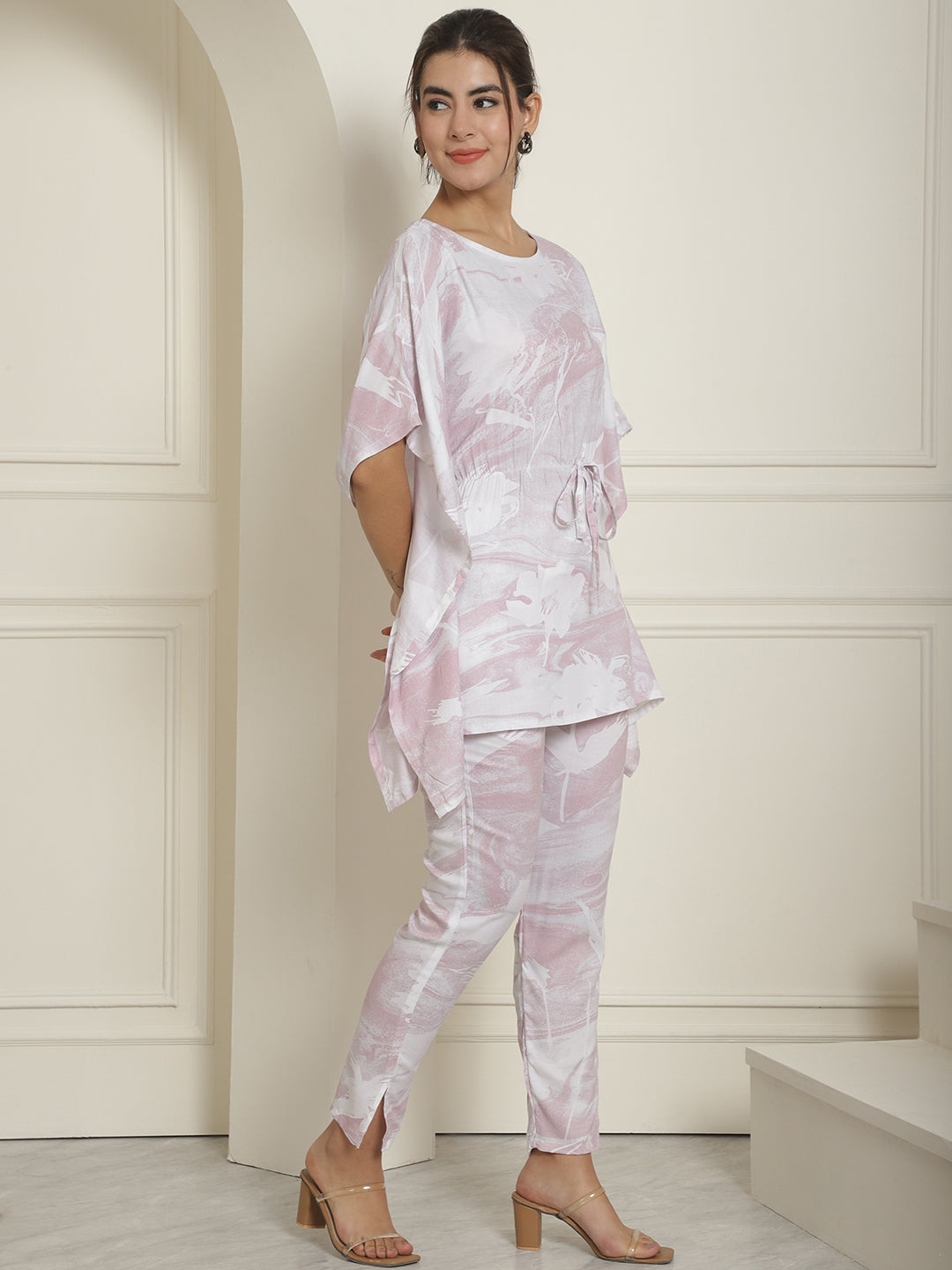 Indian Needle Women's Light-Purple Tie Dye Printed Rayon Kaftan Tunic With Trousers - Light-Purple - Swadesiicart