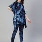 Jainish Women's Navy Blue Tie Dye Printed Rayon Kaftan Tunic With Trousers - Swadesiicart
