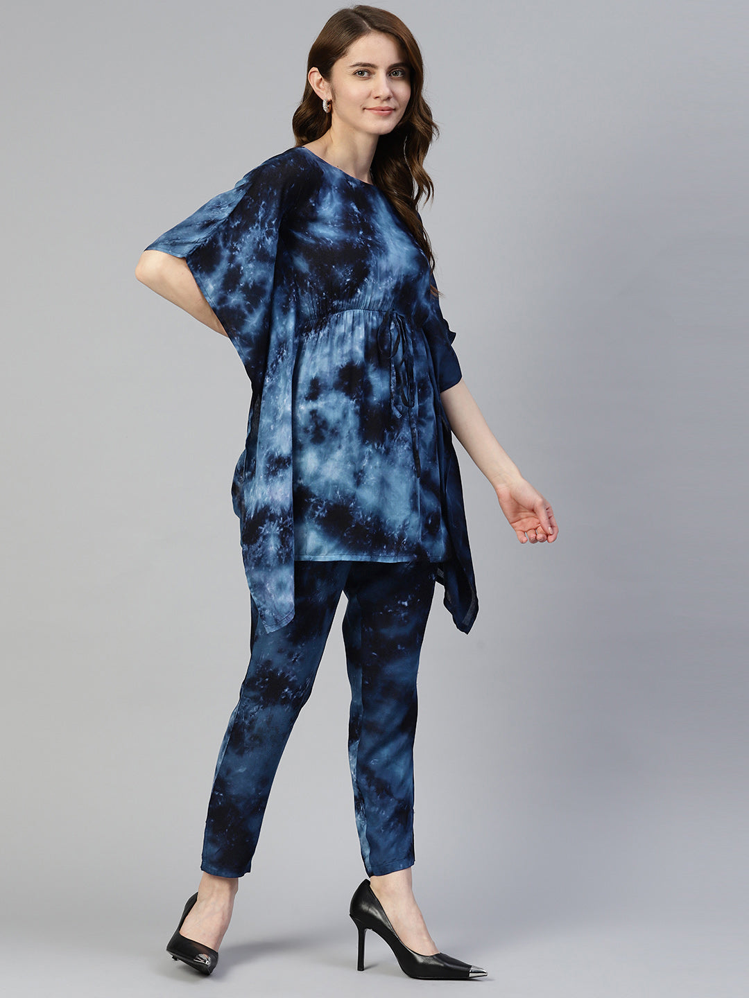 Jainish Women's Navy Blue Tie Dye Printed Rayon Kaftan Tunic With Trousers - Swadesiicart