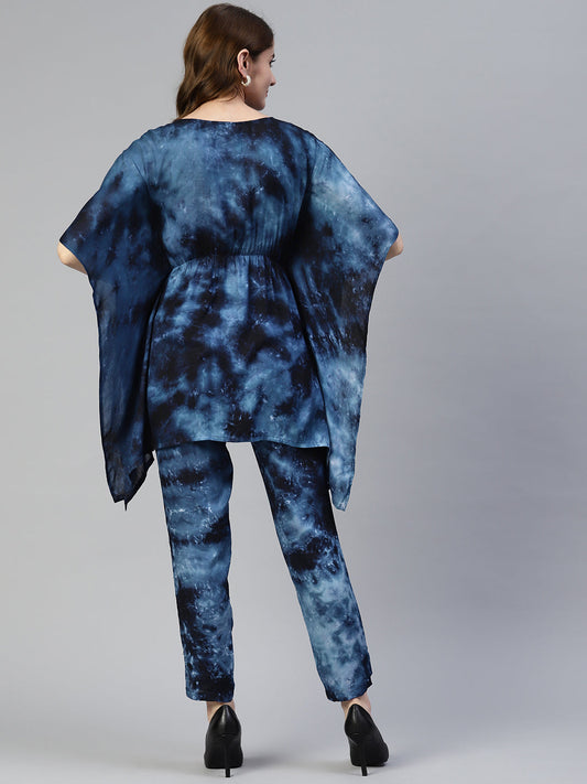 Jainish Women's Navy Blue Tie Dye Printed Rayon Kaftan Tunic With Trousers - Swadesiicart