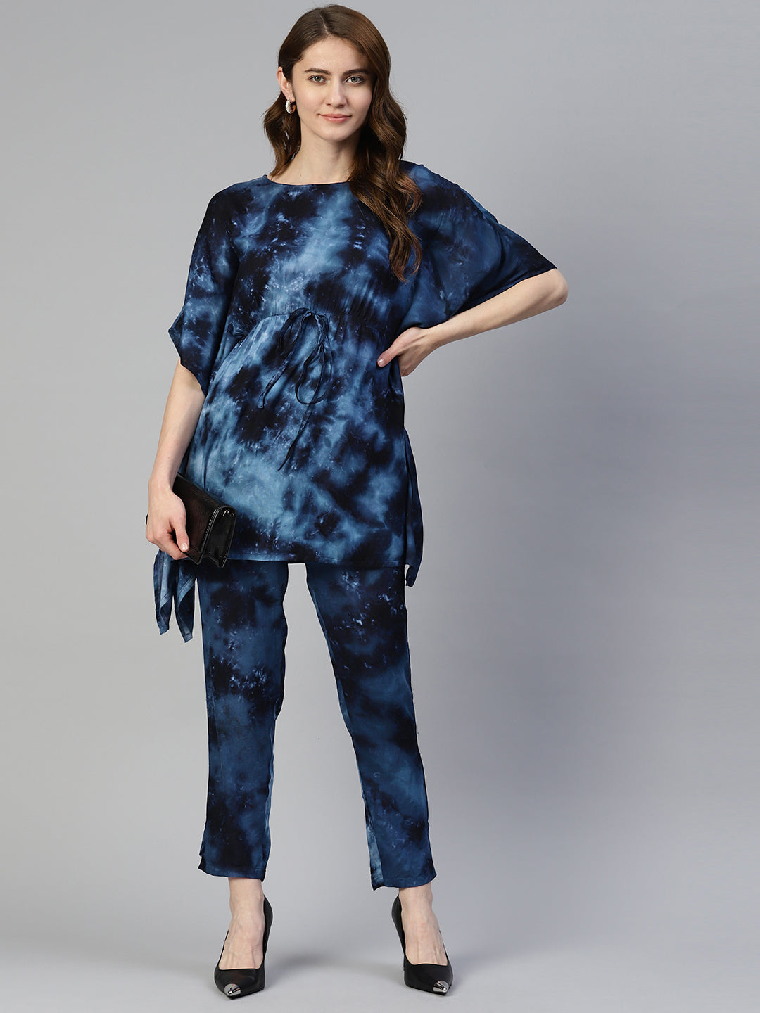 Jainish Women's Navy Blue Tie Dye Printed Rayon Kaftan Tunic With Trousers - Swadesiicart