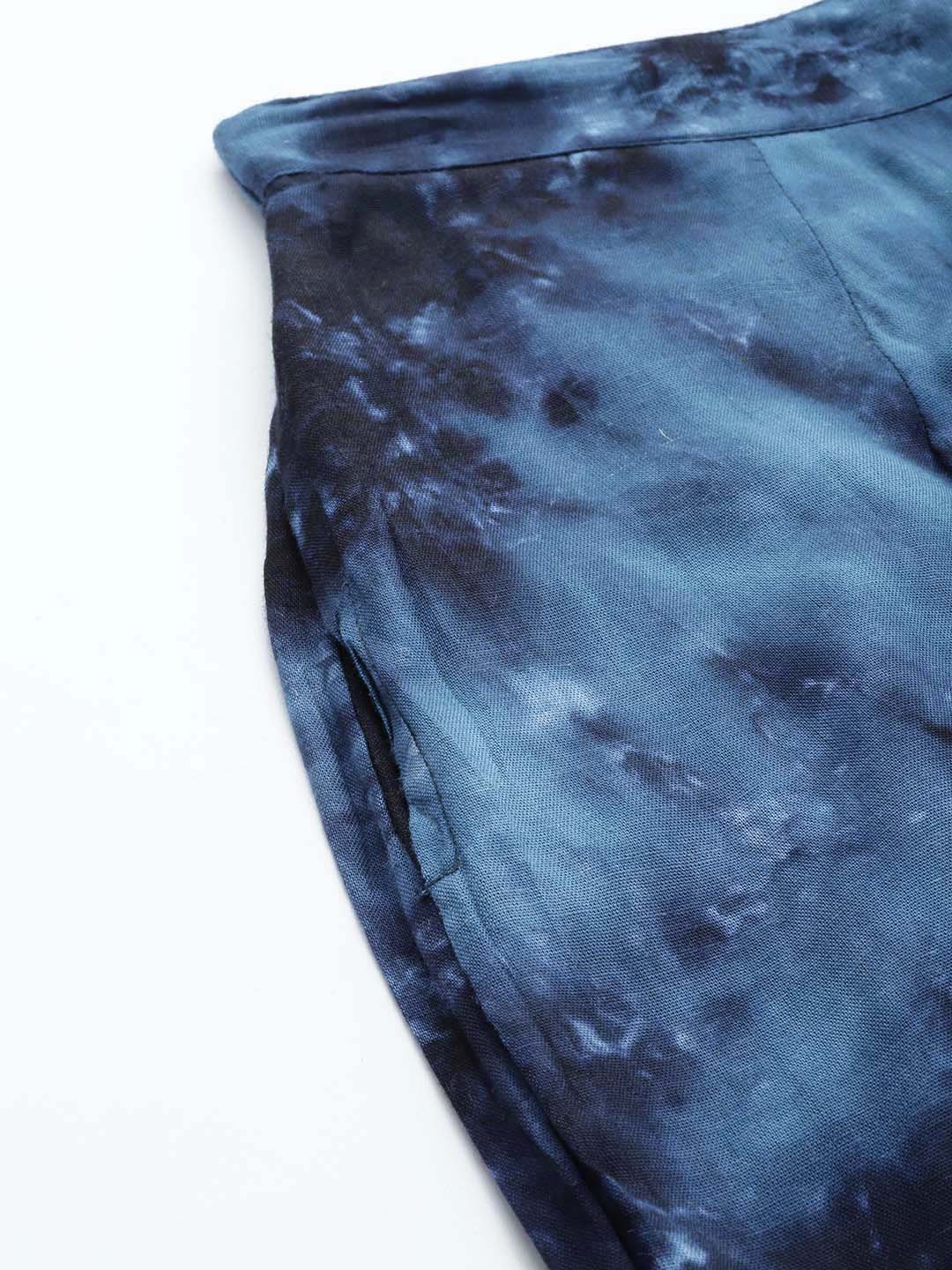 Jainish Women's Navy Blue Tie Dye Printed Rayon Kaftan Tunic With Trousers - Swadesiicart