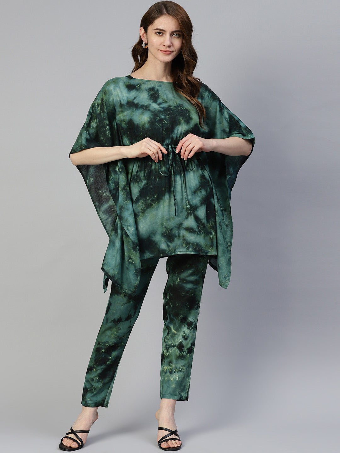 Jainish Women's Olive Green Tie Dye Printed Rayon Kaftan Tunic With Trousers - Swadesiicart