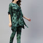 Jainish Women's Olive Green Tie Dye Printed Rayon Kaftan Tunic With Trousers - Swadesiicart