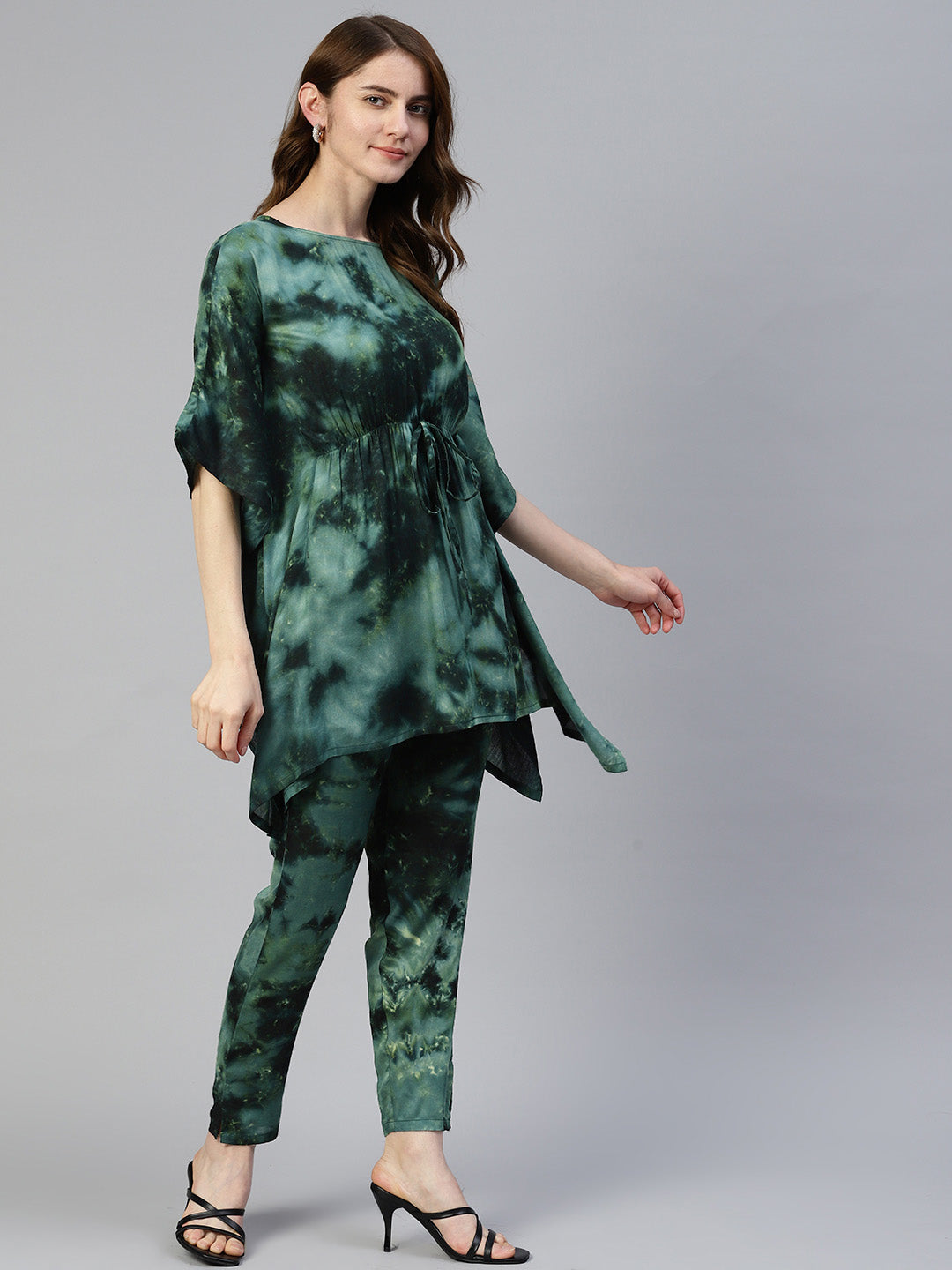 Jainish Women's Olive Green Tie Dye Printed Rayon Kaftan Tunic With Trousers - Swadesiicart