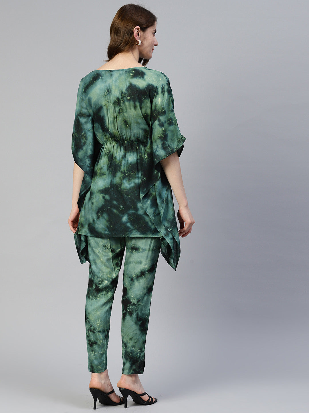 Jainish Women's Olive Green Tie Dye Printed Rayon Kaftan Tunic With Trousers - Swadesiicart