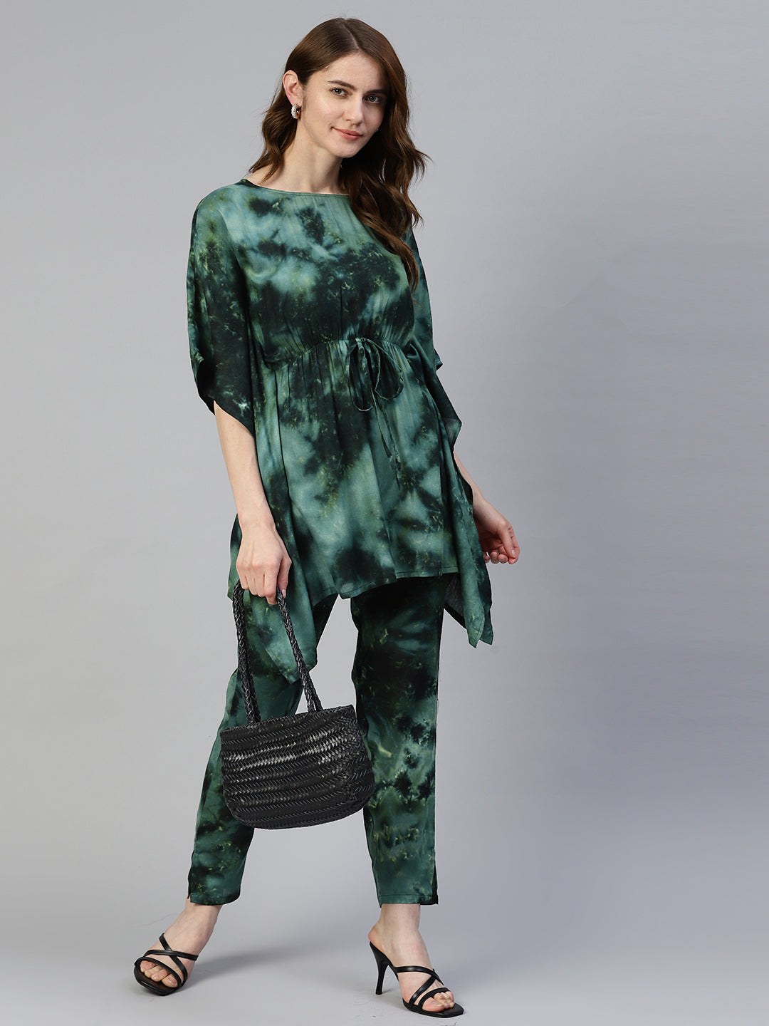 Jainish Women's Olive Green Tie Dye Printed Rayon Kaftan Tunic With Trousers - Swadesiicart