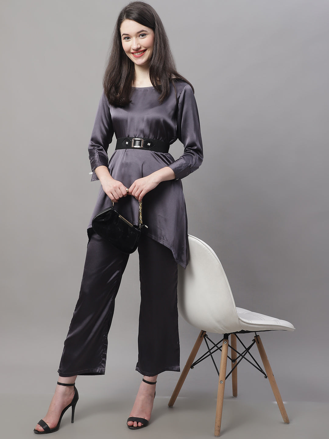 Jainish Women's stylish Co-ords with belt - JCharcoal - Swadesiicart