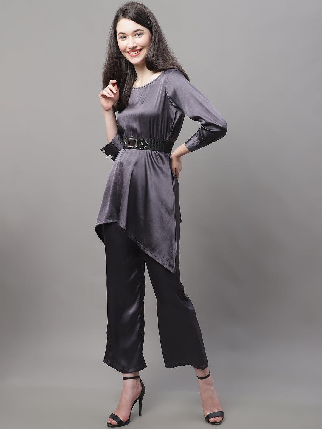 Jainish Women's stylish Co-ords with belt - JCharcoal - Swadesiicart