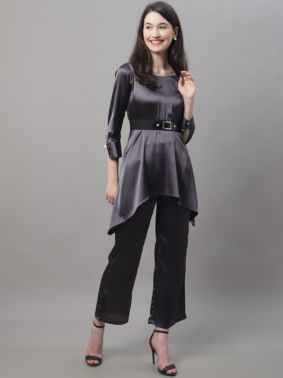 Jainish Women's stylish Co-ords with belt - JCharcoal - Swadesiicart