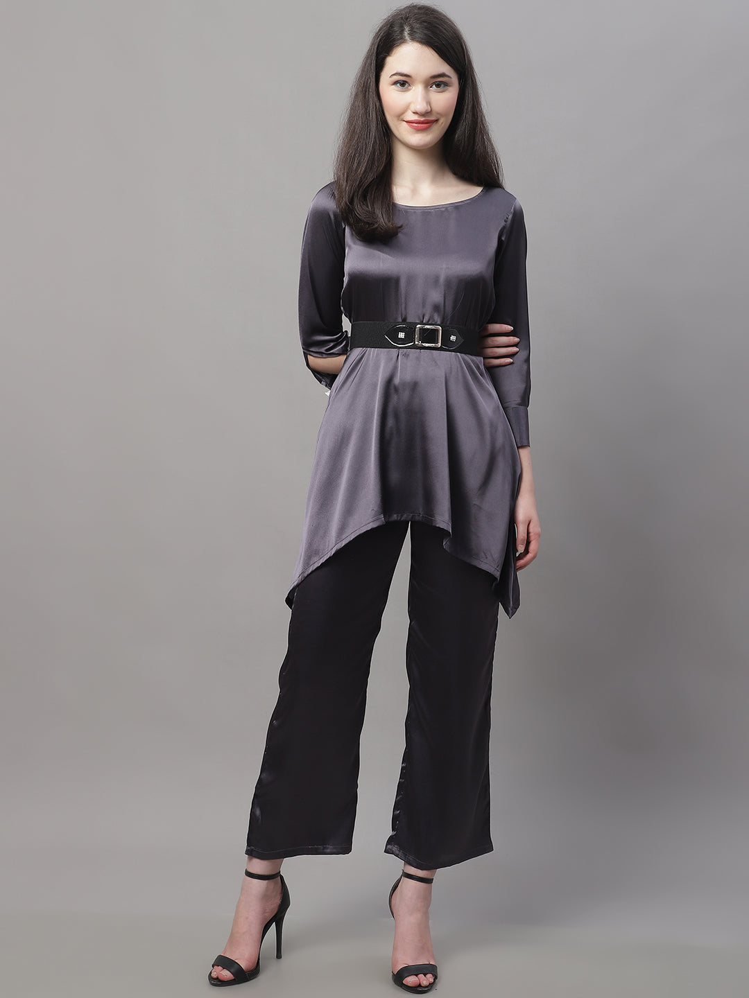 Jainish Women's stylish Co-ords with belt - JCharcoal - Swadesiicart