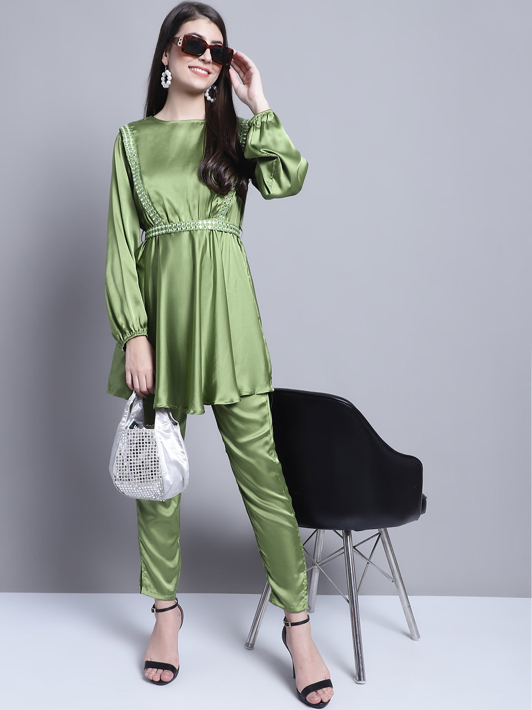 Jainish Women's WoEmbroidered A-line Top and Trouser With Belt - Green - Swadesiicart