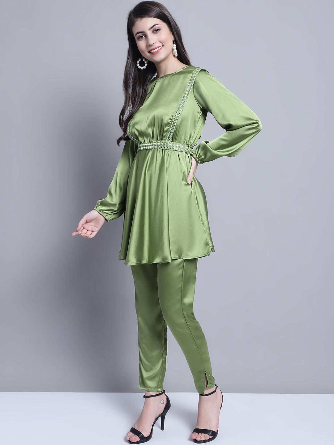 Jainish Women's WoEmbroidered A-line Top and Trouser With Belt - Green - Swadesiicart