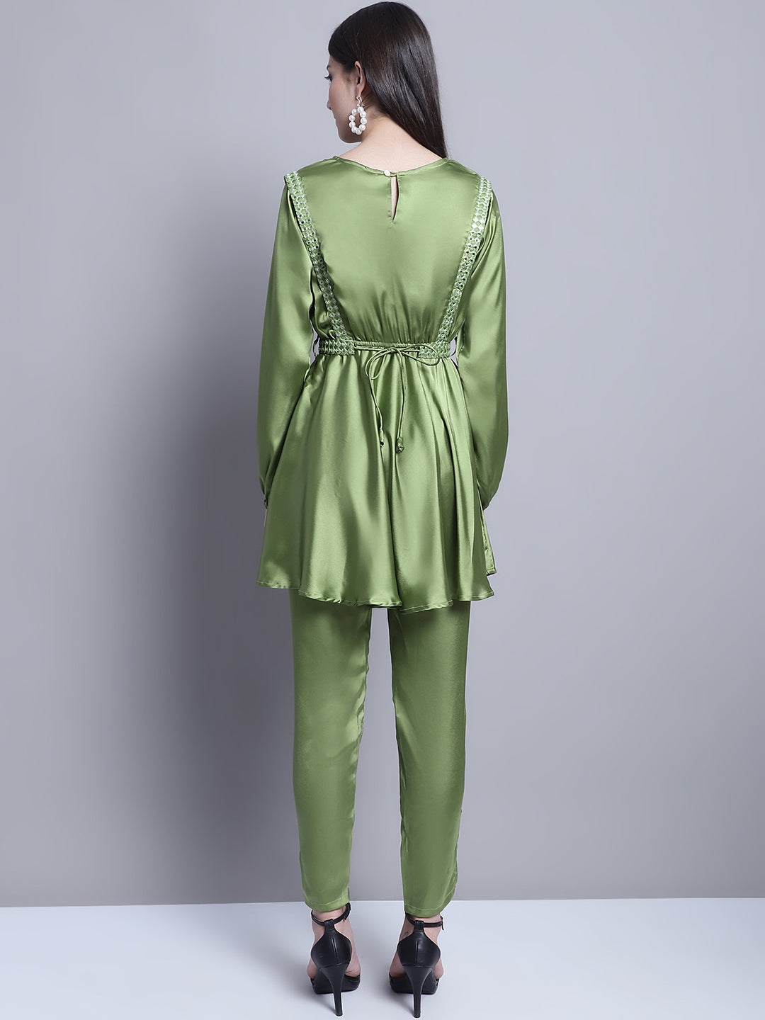 Jainish Women's WoEmbroidered A-line Top and Trouser With Belt - Green - Swadesiicart