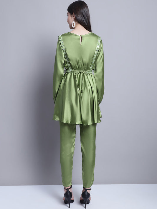 Jainish Women's WoEmbroidered A-line Top and Trouser With Belt - Green - Swadesiicart