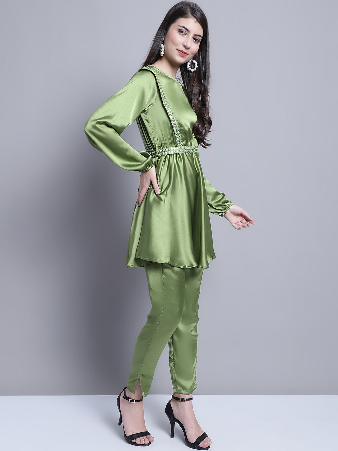 Jainish Women's WoEmbroidered A-line Top and Trouser With Belt - Green - Swadesiicart