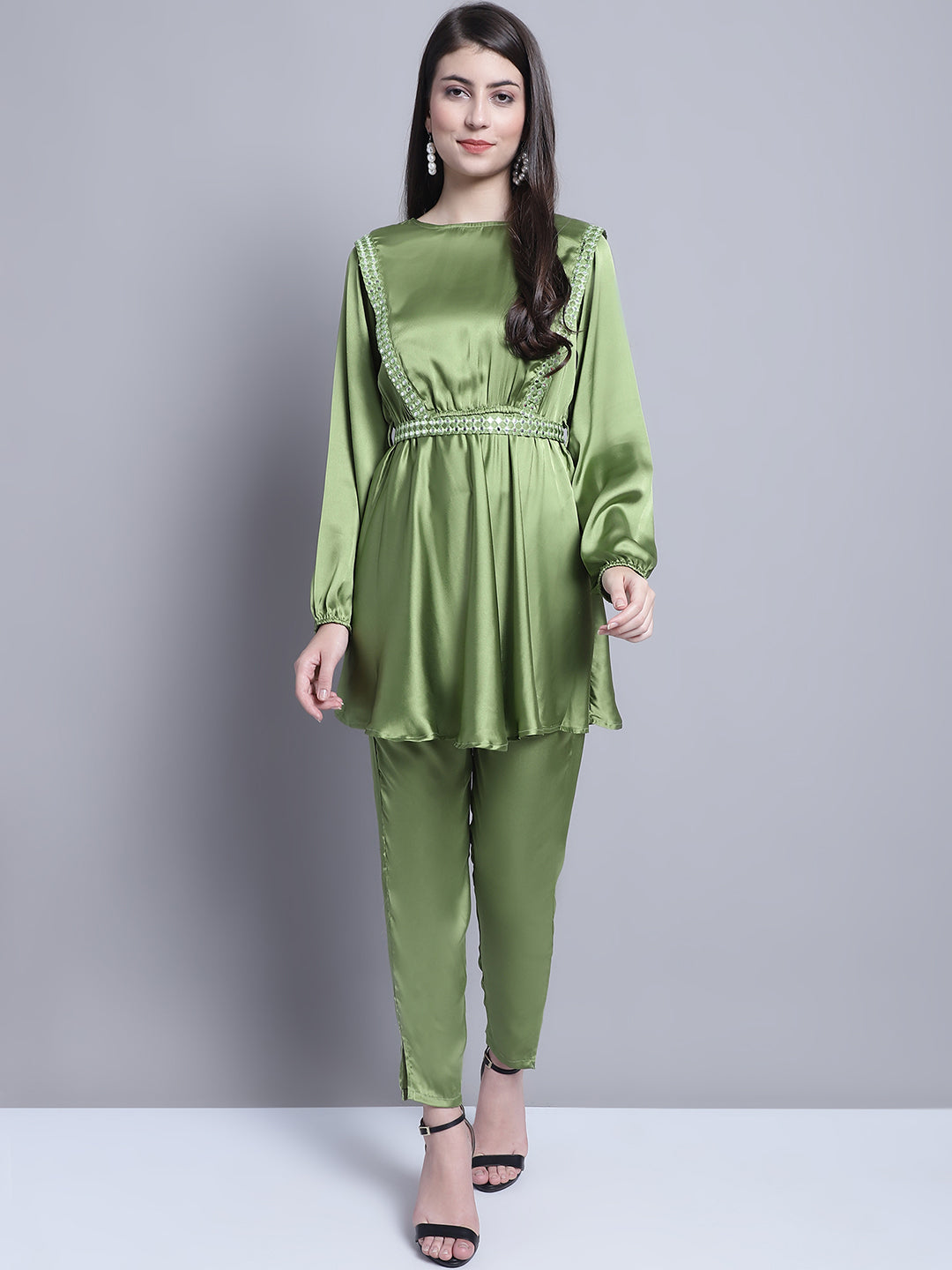 Jainish Women's WoEmbroidered A-line Top and Trouser With Belt - Green - Swadesiicart