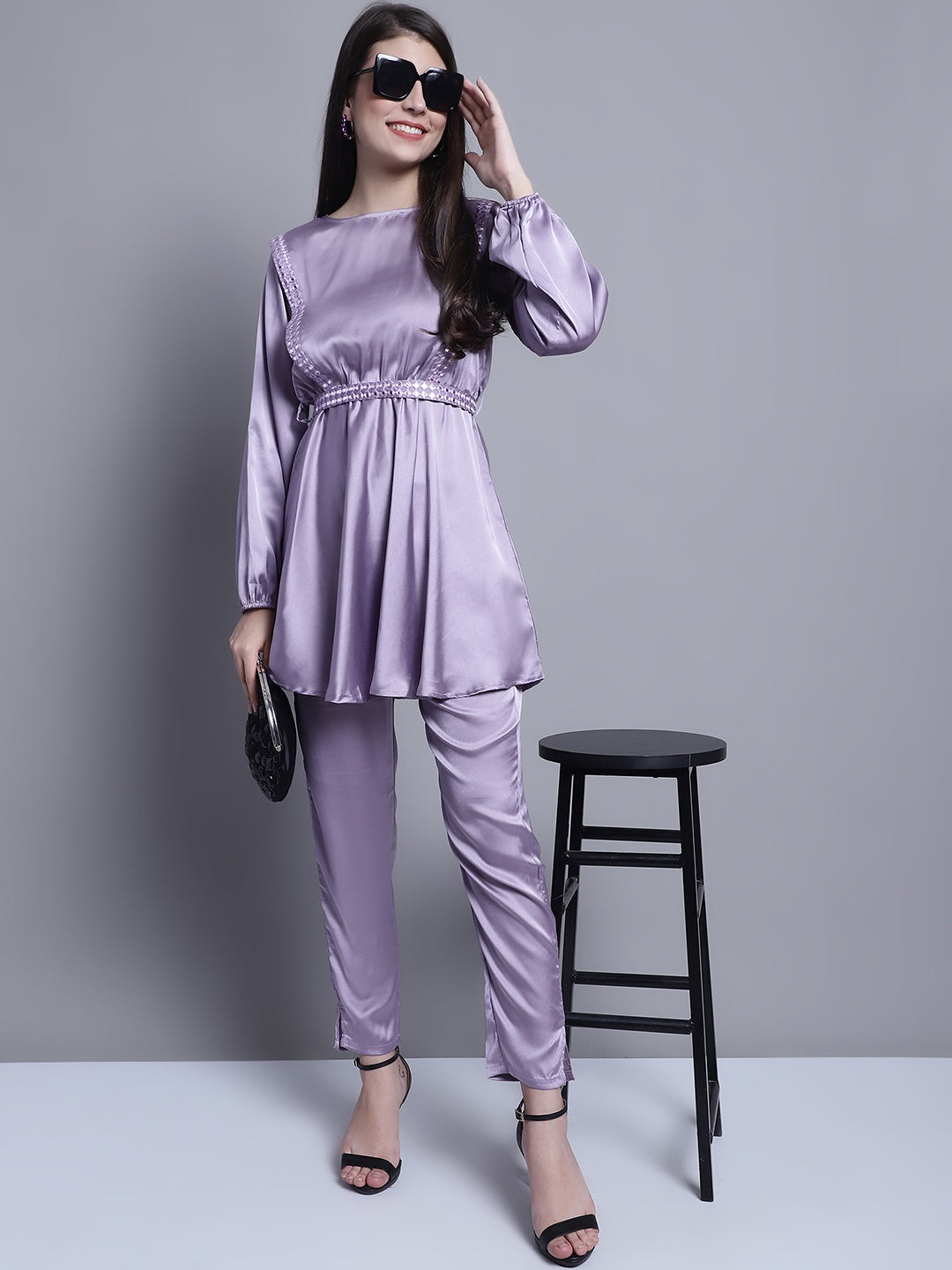 Jainish Women's WoEmbroidered A-line Top and Trouser With Belt - Purple - Swadesiicart