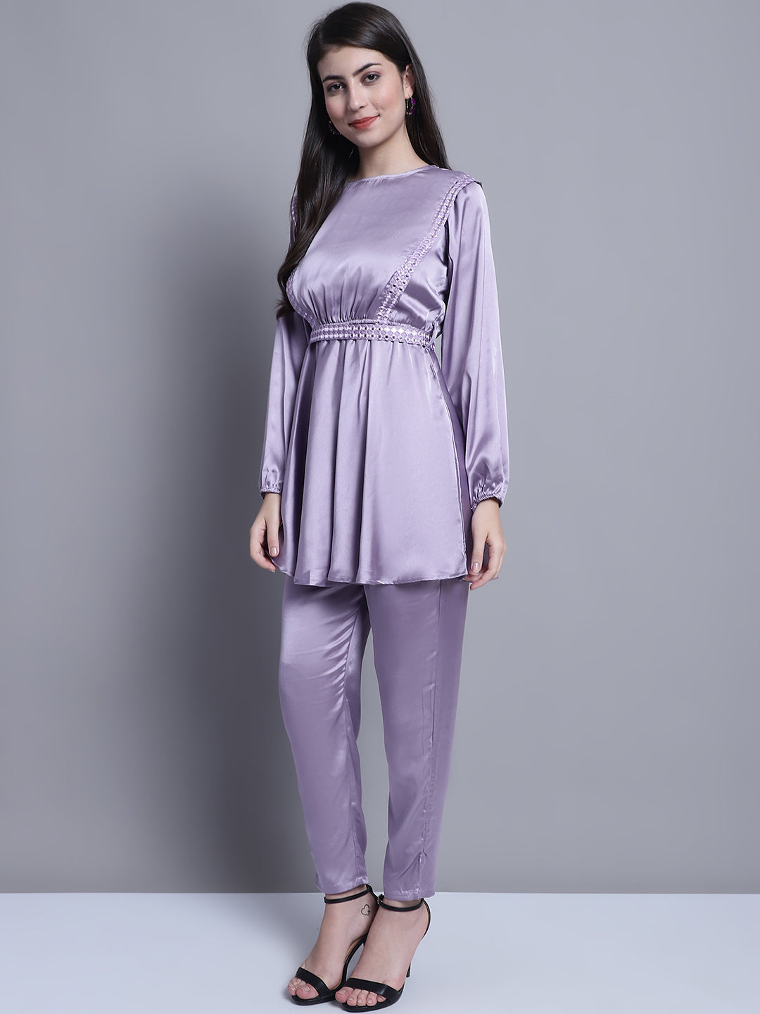 Jainish Women's WoEmbroidered A-line Top and Trouser With Belt - Purple - Swadesiicart