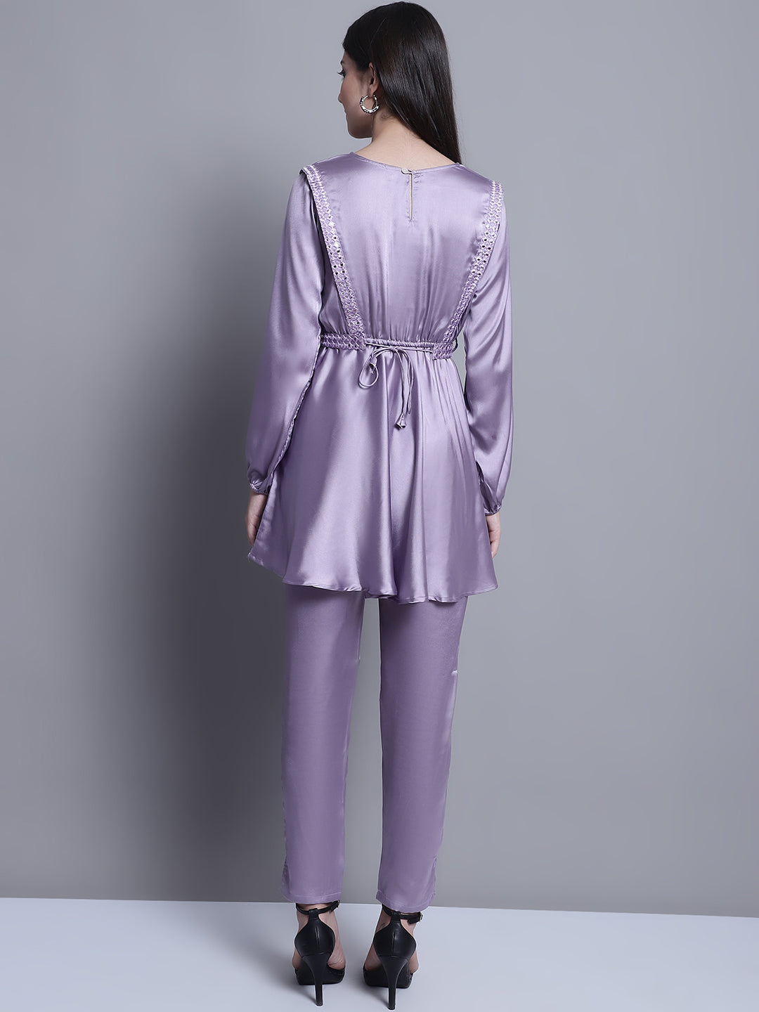 Jainish Women's WoEmbroidered A-line Top and Trouser With Belt - Purple - Swadesiicart