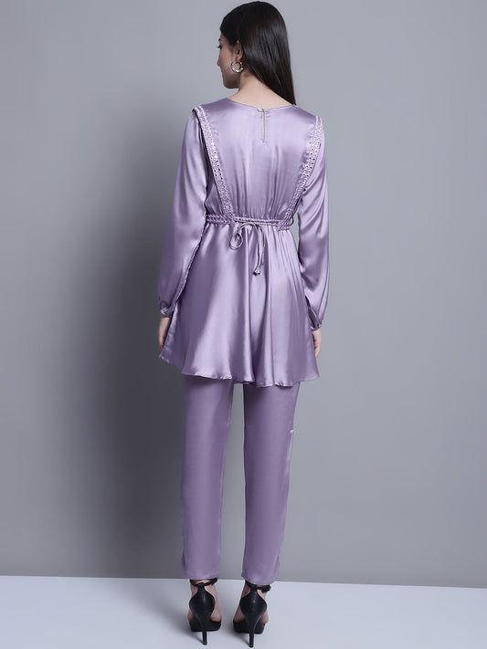 Jainish Women's WoEmbroidered A-line Top and Trouser With Belt - Purple - Swadesiicart