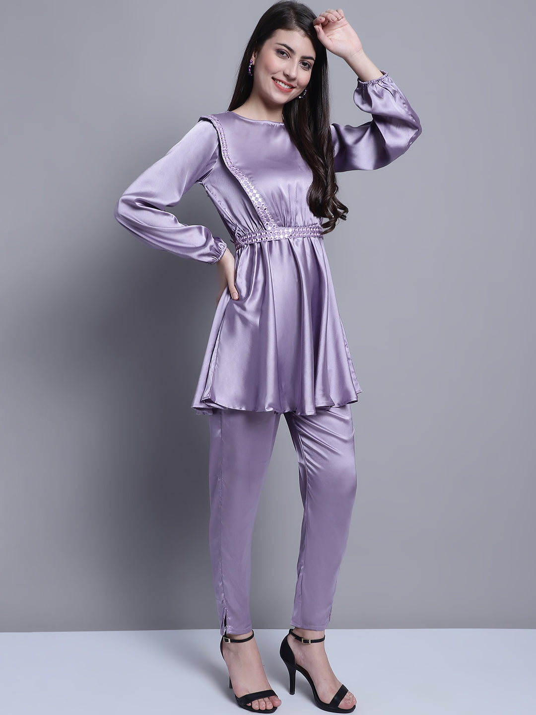 Jainish Women's WoEmbroidered A-line Top and Trouser With Belt - Purple - Swadesiicart