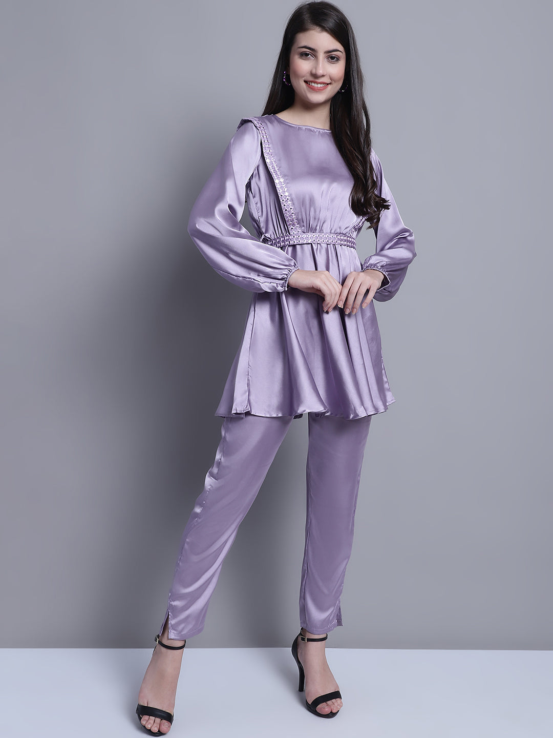 Jainish Women's WoEmbroidered A-line Top and Trouser With Belt - Purple - Swadesiicart