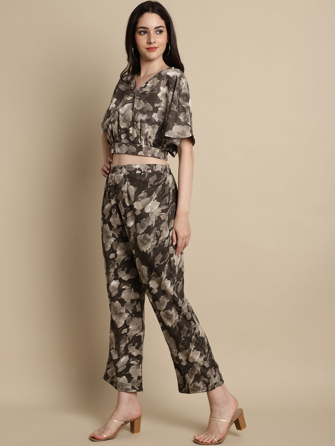 Jainish Women's Brown Printed Crop Top With Palazzos - Swadesiicart