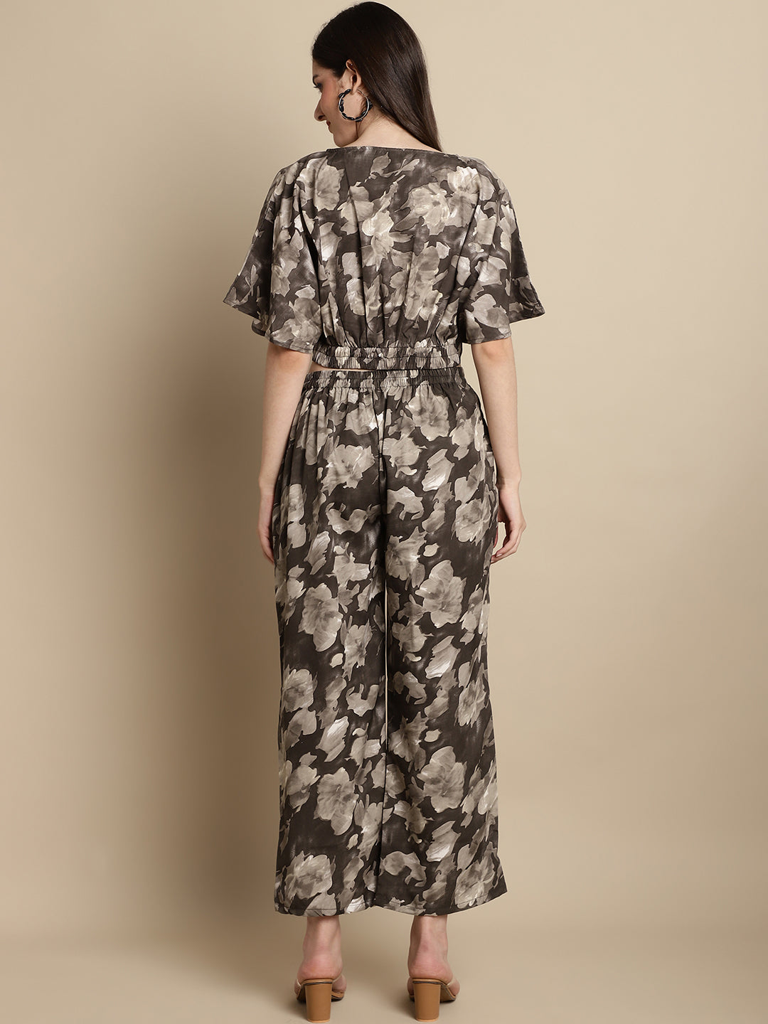 Jainish Women's Brown Printed Crop Top With Palazzos - Swadesiicart