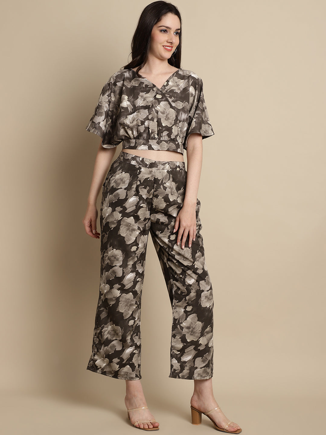 Jainish Women's Brown Printed Crop Top With Palazzos - Swadesiicart