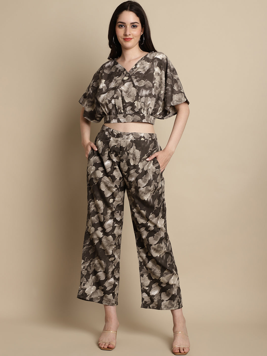 Jainish Women's Brown Printed Crop Top With Palazzos - Swadesiicart