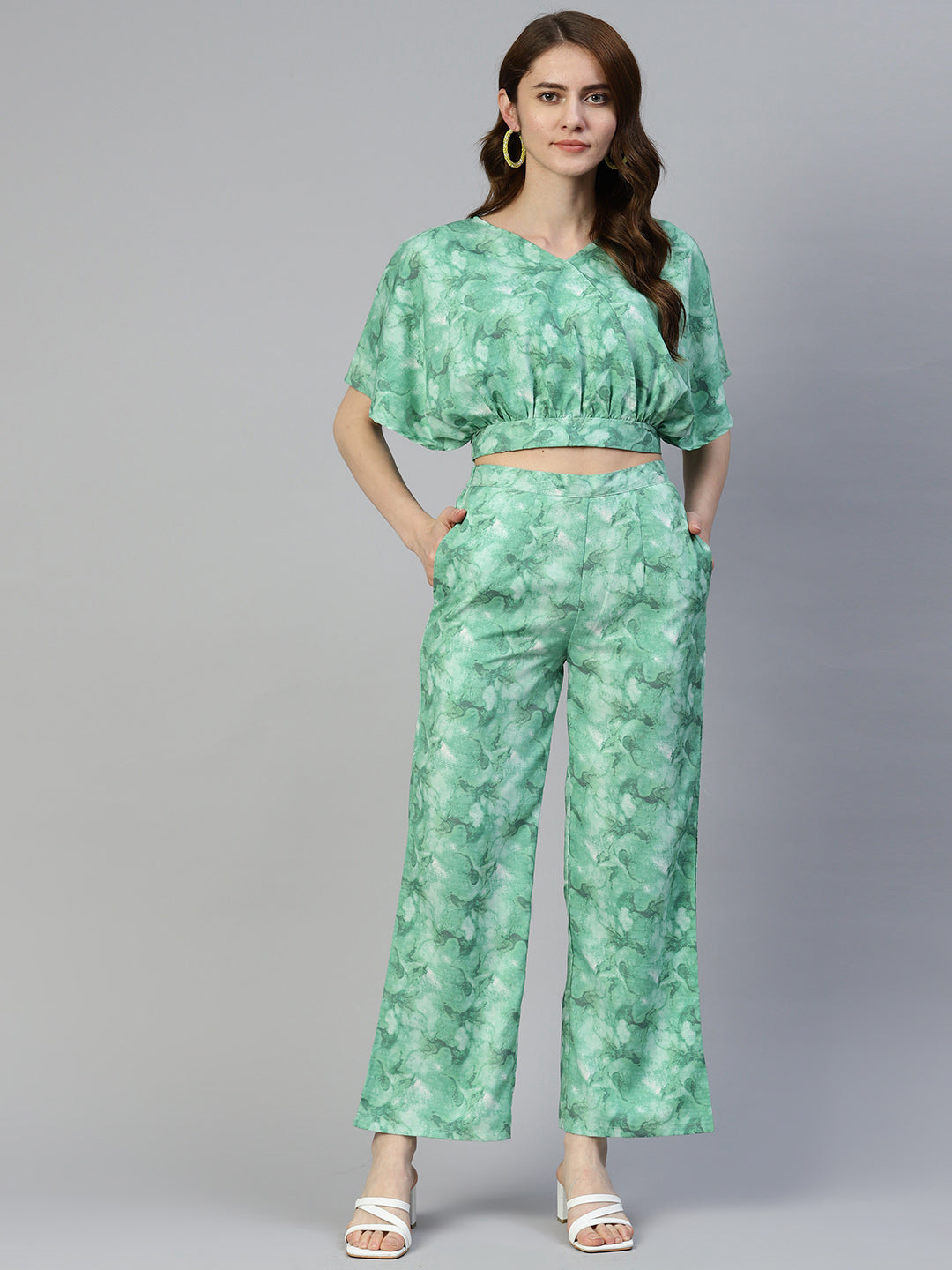 Jainish Women's Green Printed Crop Top With Palazzos - Swadesiicart