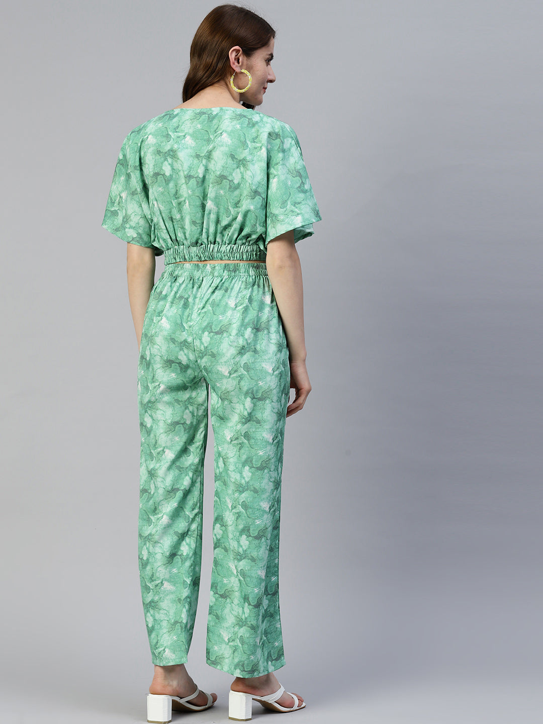 Jainish Women's Green Printed Crop Top With Palazzos - Swadesiicart