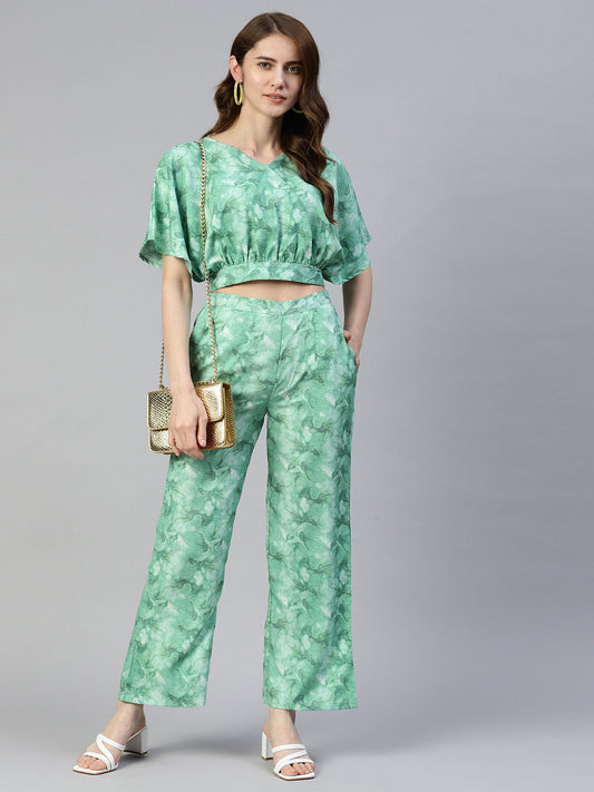 Jainish Women's Green Printed Crop Top With Palazzos - Swadesiicart