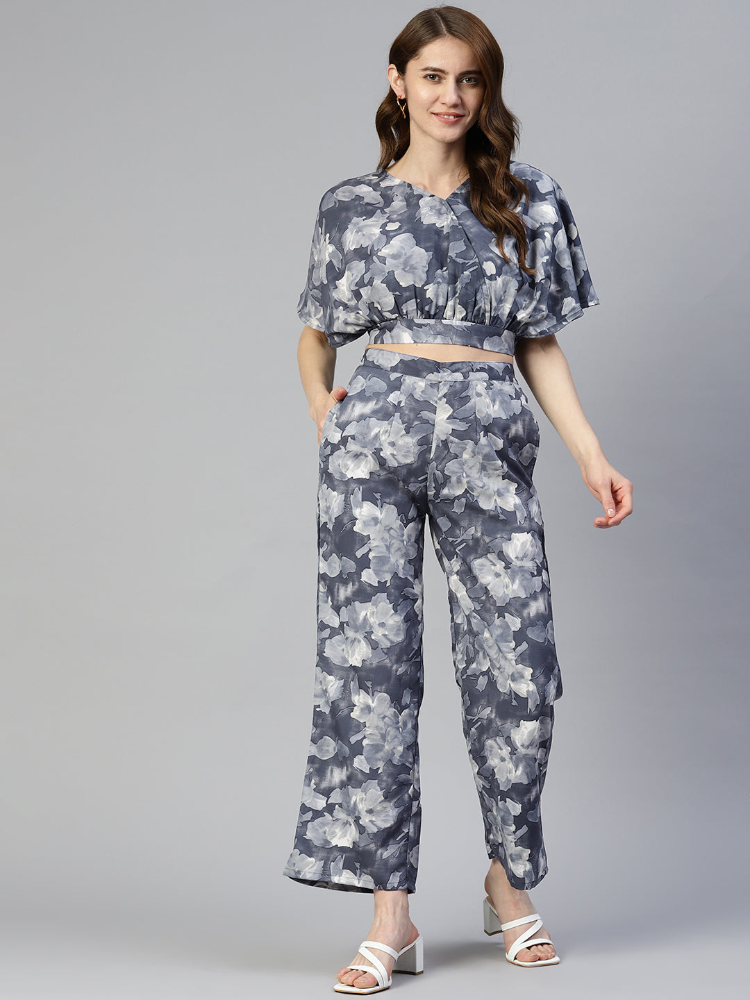 Jainish Women's Grey Printed Crop Top With Palazzos - Swadesiicart