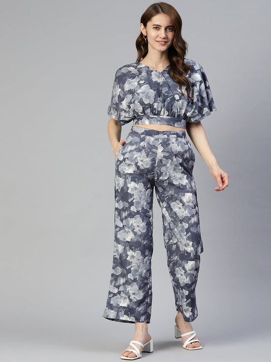 Jainish Women's Grey Printed Crop Top With Palazzos - Swadesiicart