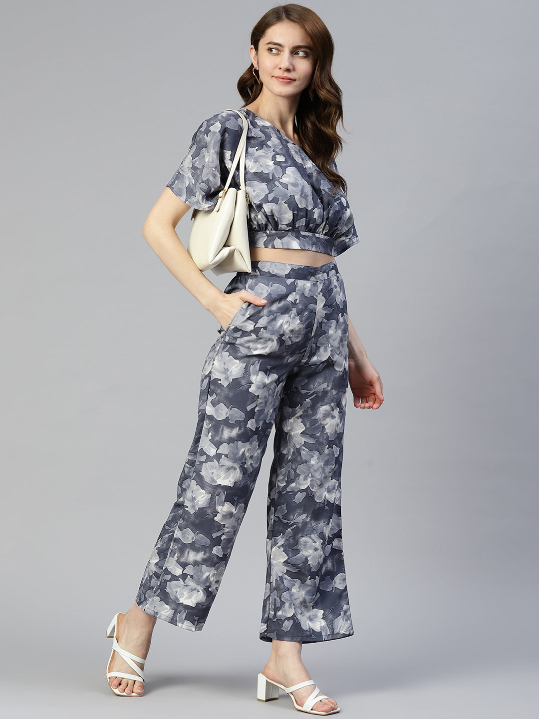 Jainish Women's Grey Printed Crop Top With Palazzos - Swadesiicart