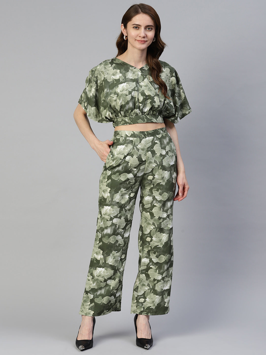 Jainish Women's Olive Green Printed Crop Top With Palazzos - Swadesiicart
