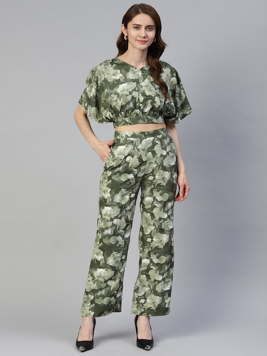 Jainish Women's Olive Green Printed Crop Top With Palazzos - Swadesiicart