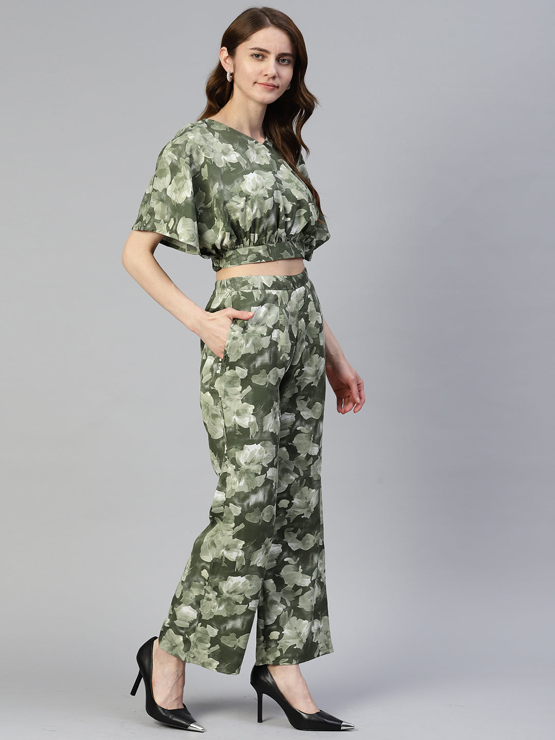 Jainish Women's Olive Green Printed Crop Top With Palazzos - Swadesiicart