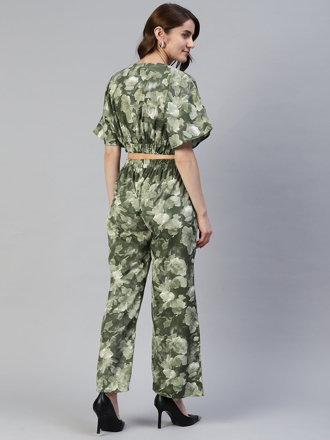 Jainish Women's Olive Green Printed Crop Top With Palazzos - Swadesiicart