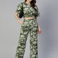 Jainish Women's Olive Green Printed Crop Top With Palazzos - Swadesiicart