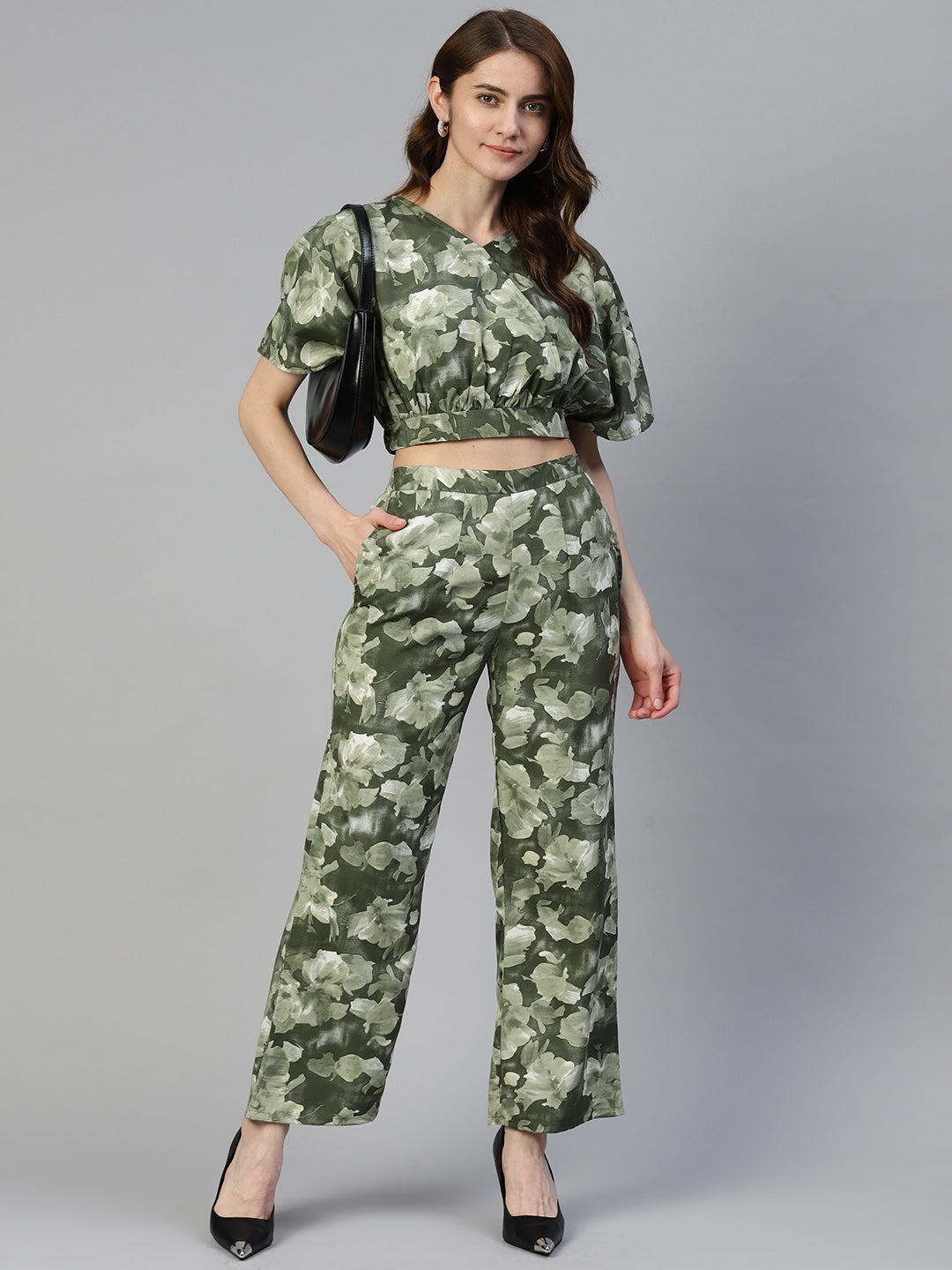 Jainish Women's Olive Green Printed Crop Top With Palazzos - Swadesiicart