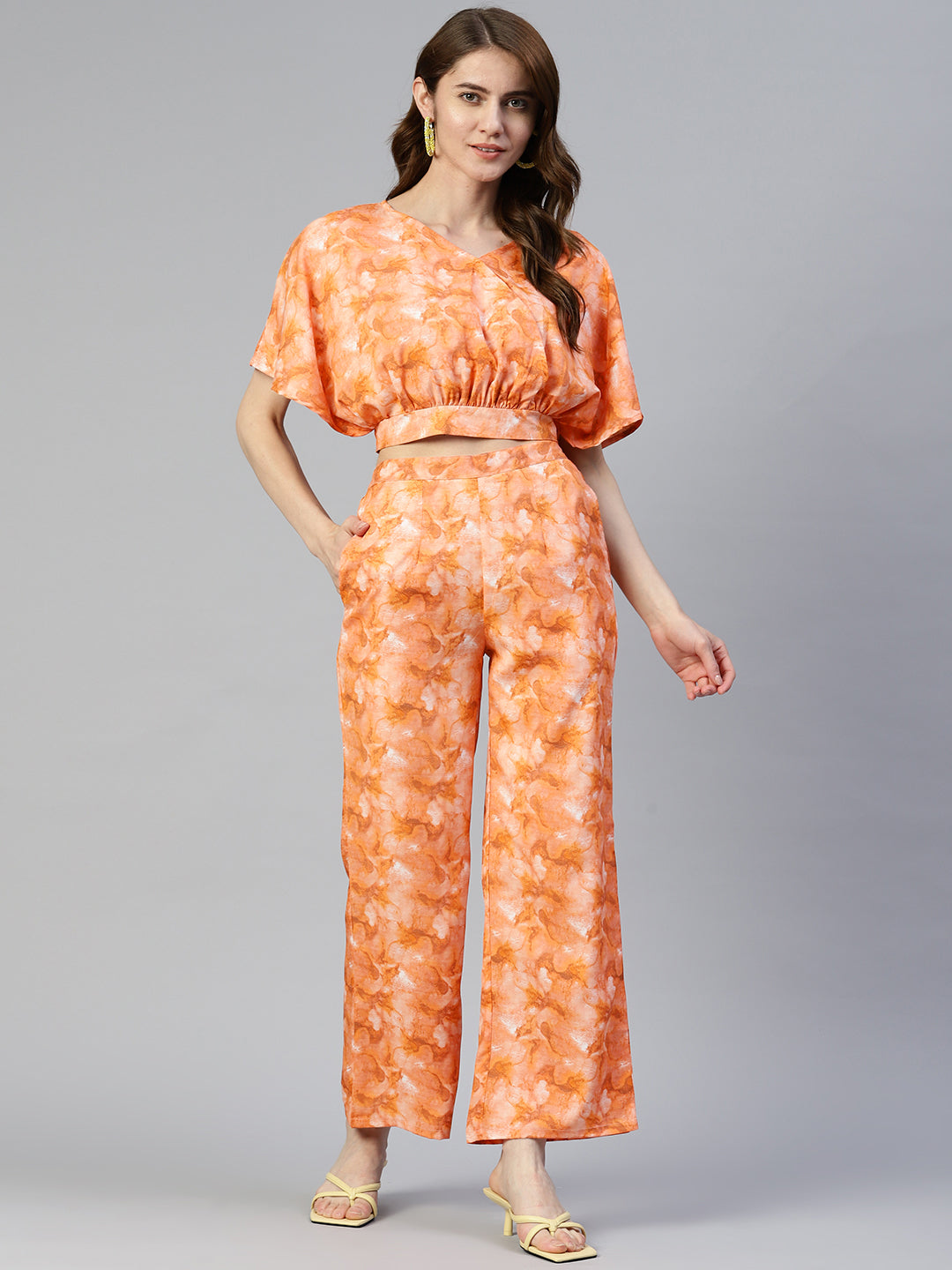 Jainish Women's Orange Printed Crop Top With Palazzos - Swadesiicart
